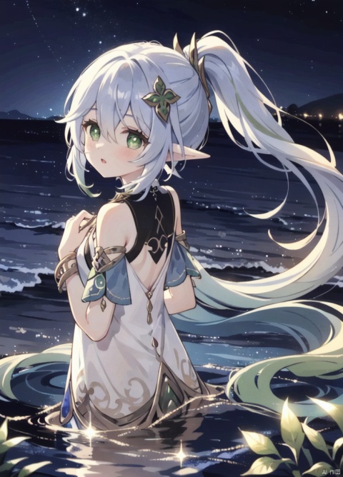  1girl, solo, long hair, looking at viewer, blush, bangs, hair ornament, hair between eyes, bare shoulders, jewelry, very long hair, green eyes, upper body, ponytail, flower, white hair, sidelocks, multicolored hair, parted lips, green hair, pointy ears, looking back, hair flower, off shoulder, from behind, petals, gradient hair, back, hand on own chest, elf, armlet, bare back, shoulder blades, leaf hair ornament, colored tips, back focus, nahida \(genshin impact\)