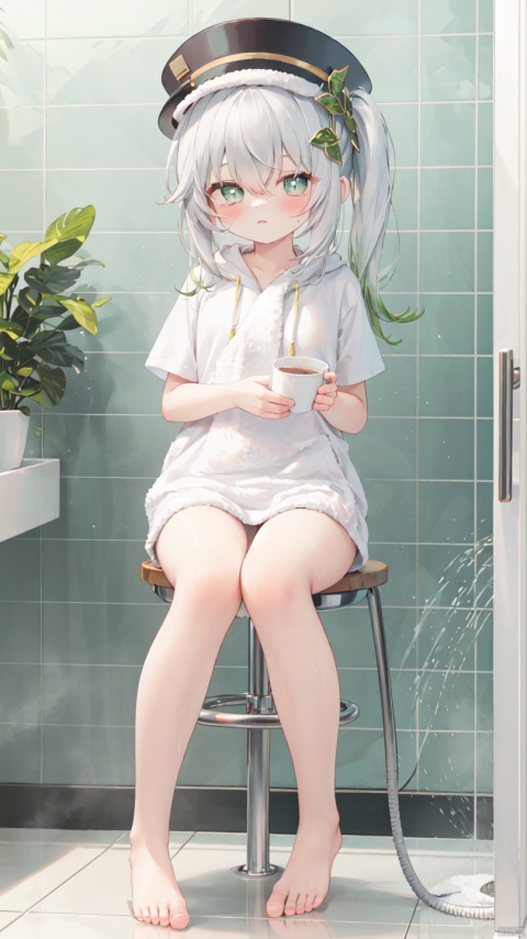 best quality,1girl,(barefoot:1.4),tiles,sitting,tile wall,indoors,hoodie,plant,bathroom,mirror,hair ornament,potted plant,chair,short sleeves,sink,hairclip,knees up,tile floor,solo,towel,stool,bangs,hair between eyes,mug,hoodie,hat,blush,drawstring,(shower_head:1.2),towel,bath towel,