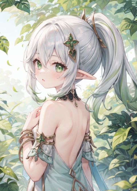 1girl, solo, long hair, looking at viewer, blush, bangs, hair ornament, hair between eyes, bare shoulders, jewelry, very long hair, green eyes, upper body, ponytail, flower, white hair, sidelocks, multicolored hair, parted lips, green hair, pointy ears, looking back, hair flower, off shoulder, from behind, petals, gradient hair, back, hand on own chest, elf, armlet, bare back, shoulder blades, leaf hair ornament, colored tips, back focus, nahida \(genshin impact\)