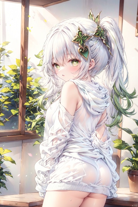  1girl, solo, long hair, looking at viewer, blush, bangs, hair ornament, long sleeves, green eyes, standing, ponytail, white hair, thighs, multicolored hair, cowboy shot, parted lips, green hair, alternate costume, looking back, indoors, hood, from behind, side ponytail, sleeves past wrists, symbol-shaped pupils, hoodie, gradient hair, hood down, plant, stairs, white hoodie, cross-shaped pupils, nahida \(genshin impact\), bra, sexy_sweater