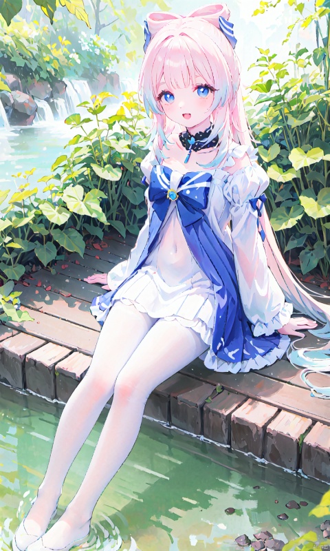 masterpiece,best quality,best quality,Amazing,beautiful detailed,The morning of green courtyard with flourishing flowers and plants in spring,eyes,1girl,finely detail,Depth of field,extremely detailed CG unity 8k wallpaper,full body,(alice),alice in wonderland,Hair,hair band,cowboy shot,hiten_1,smile,game_cg,strong rim light,{close-up},blunt_bangs,((( full body))),(floating hair),(looking_at_viewer),open mouth,(looking_at_viewer),open mouth,blue eyes,Blonde_hair,Beautiful eyes,gradient hair,((white_frilled_dress)),((white pantyhose)),(long sleeves),(juliet_sleeves),(puffy sleeves),white hair bow,Skirt pleats,blue dress bow,blue_large_bow,sleeves past wrists,sleeves past fingers,(sitting:1.4),(creek:1.3),(soaking_feet:1.3),