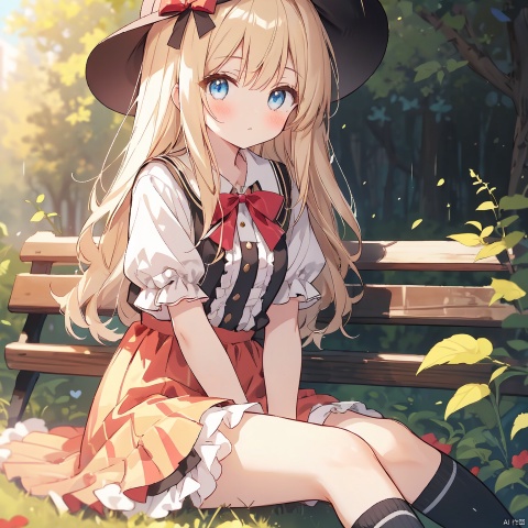 a cartoon girl in red & yellow costume laying on the ground in flowers striped, 1 girl, blue eyes, 
blonde hair,long hair, kneehighs, solo, socks, sitting, flower, looking at viewer, bow, short sleeves, 
dress, outdoors, blush, frills, red bow, ribbon