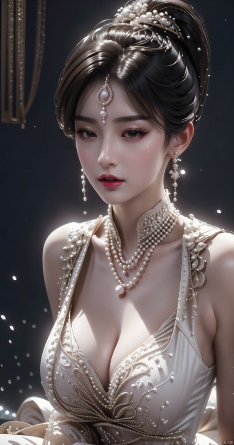 Close your eyes,Bite your lips,Perfect features,(masterpiece),(best quality),moist skin,shiny skin,glossy skin,(good quality),intricate details,earrings,Ray Tracing,(realistic:1.1),korean,Pearl, necklace, pearl earrings,Cleavage of breast,huge breast,Long legs,From the side,Pout one's buttocks
