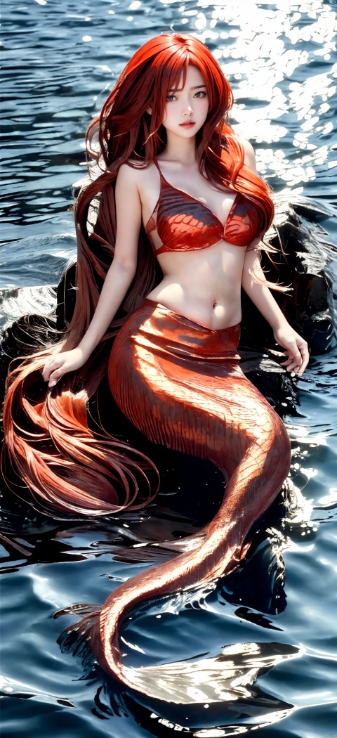  long hair, messy hair, red highlights, hair over one eye, red eyes, sharp eyes,In the sea.mermaid,
Best quality, very delicate and beautiful, shock, fine details, masterpiece, best quality, pure, lovely, full hips, high chest, beautiful, detailed eyes, random hair, 1 girl, underwear,   xiaoyixian,whtie hair,Female body, fish tail, wlqc, tutult,fish scale