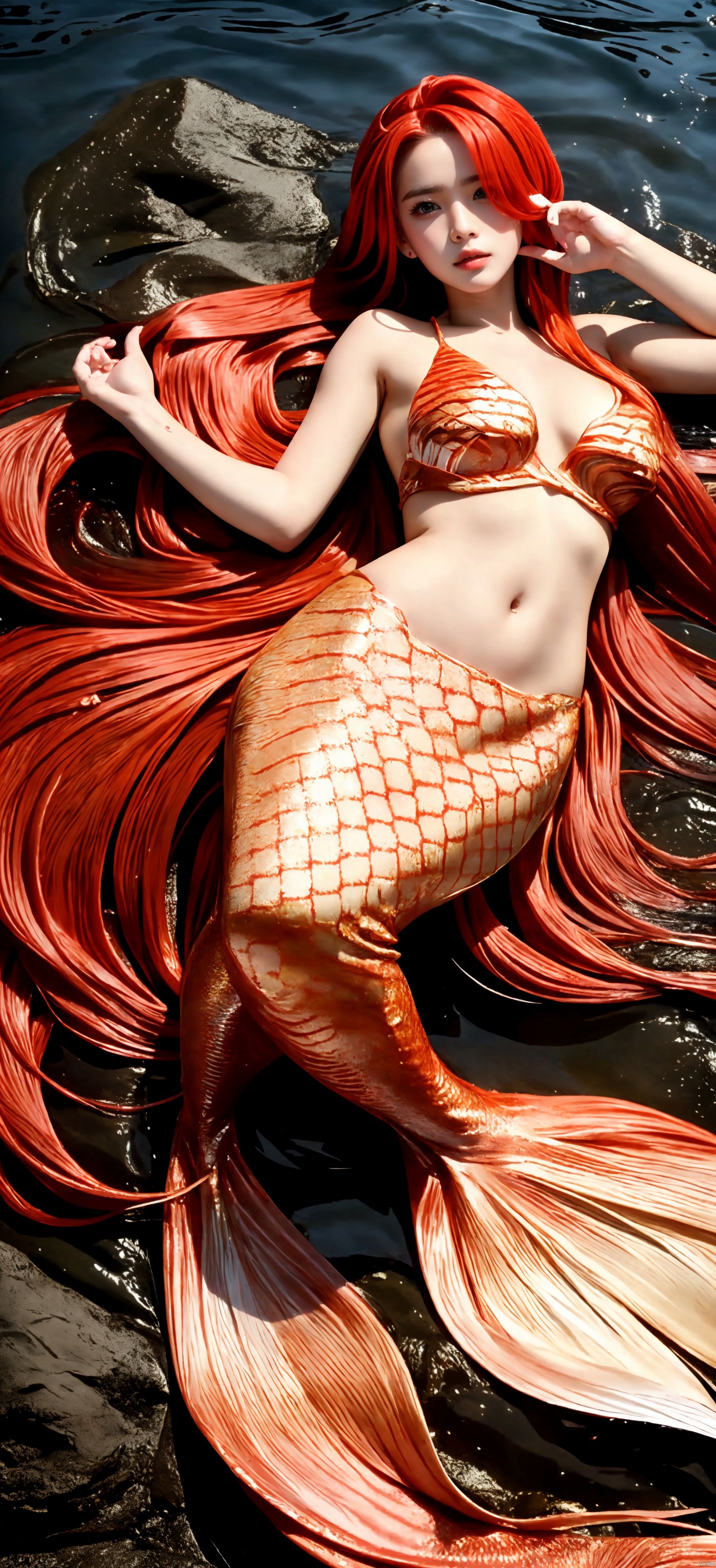  long hair, messy hair, red highlights, hair over one eye, red eyes, sharp eyes,In the sea.mermaid,
Best quality, very delicate and beautiful, shock, fine details, masterpiece, best quality, pure, lovely, full hips, high chest, beautiful, detailed eyes, random hair, 1 girl, underwear,   xiaoyixian,whtie hair,Female body, fish tail, wlqc, tutult,fish scale