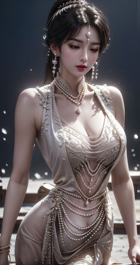 Close your eyes,Bite your lips,Perfect features,(masterpiece),(best quality),moist skin,shiny skin,glossy skin,(good quality),intricate details,earrings,Ray Tracing,(realistic:1.1),korean,Pearl, necklace, pearl earrings,Cleavage of breast,huge breast,Long legs