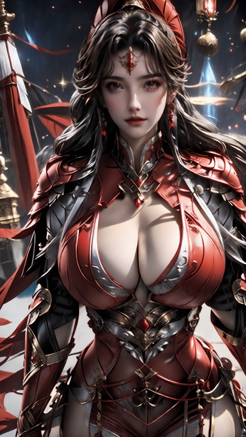  1girl,red armor,thighs,huge breast,Cleavage of breast