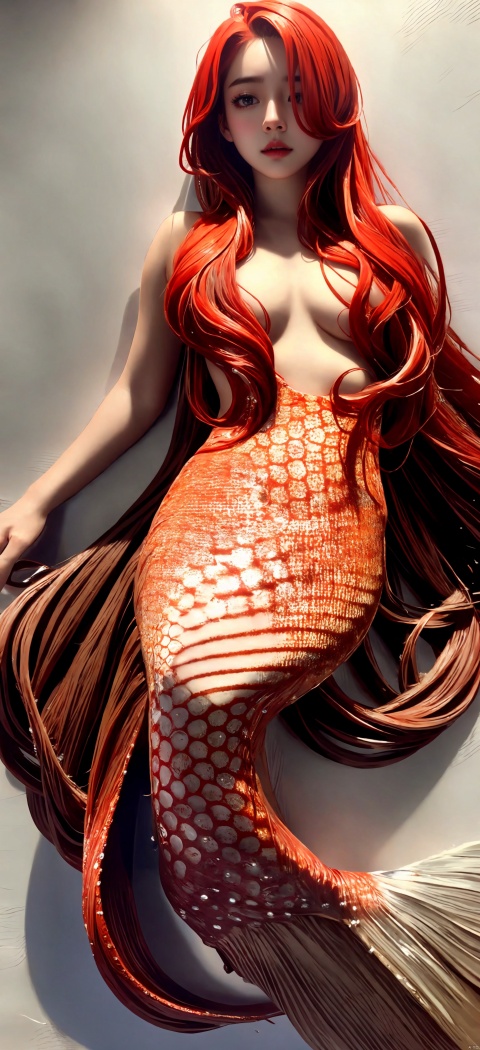  long hair, messy hair, red highlights, hair over one eye, red eyes, sharp eyes,In the sea.mermaid,
Best quality, very delicate and beautiful, shock, fine details, masterpiece, best quality, pure, lovely, full hips, high chest, beautiful, detailed eyes, random hair, 1 girl, underwear,   xiaoyixian,whtie hair,Female body, fish tail, wlqc, tutult,fish scale