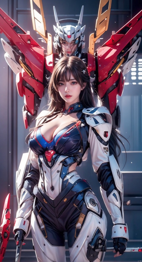  masterpiece,best quality,extremely high detailed,intricate,8k,HDR,wallpaper,cinematic lighting,(universe:1.4),dark armor,glowing eyes,anthropomorphic lion mecha,holding a sword,red jewel on sword,Cleavage of breast, super_mecha,huge breast,full-size picture,Long legs,Bare leg, super_mecha