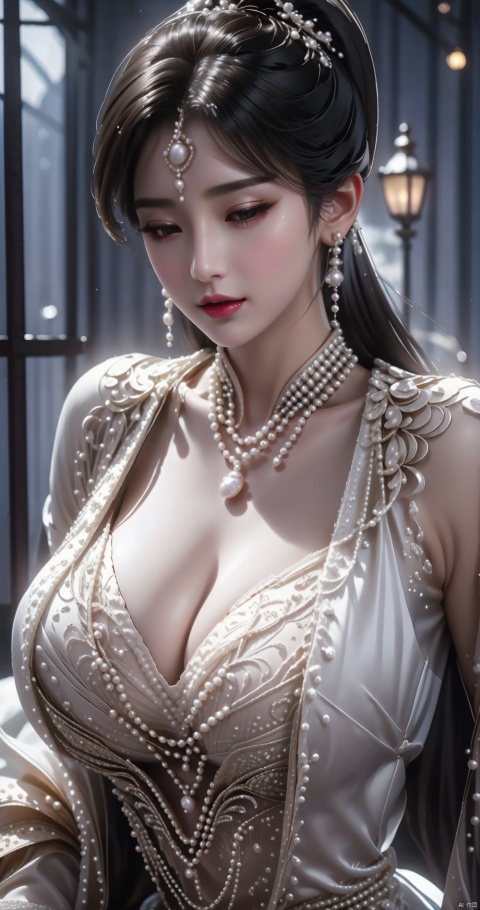 Close your eyes,Bite your lips,Perfect features,(masterpiece),(best quality),moist skin,shiny skin,glossy skin,(good quality),intricate details,earrings,Ray Tracing,(realistic:1.1),korean,Pearl, necklace, pearl earrings,Cleavage of breast,huge breast,