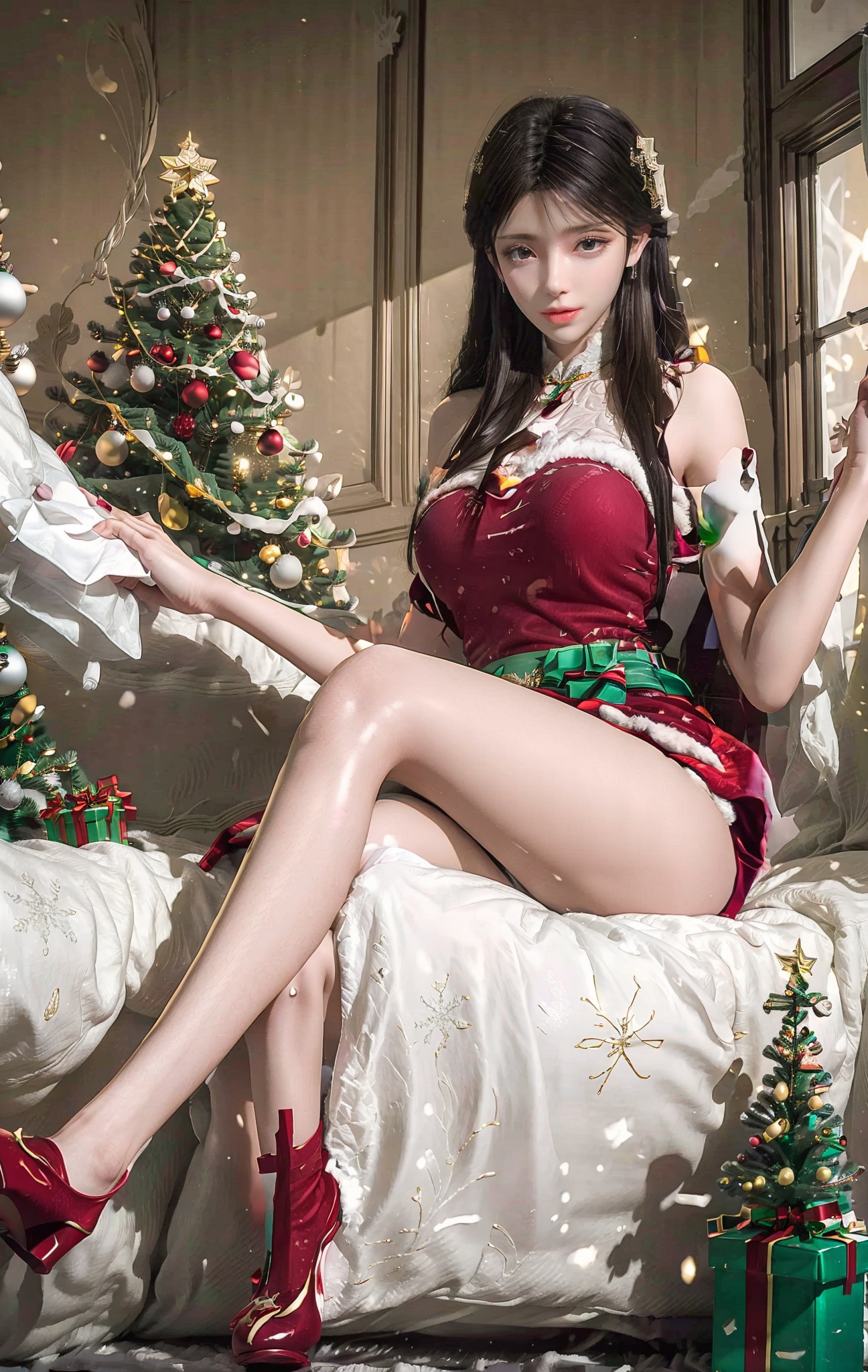 
1girl, fireplace, box, solo, thighs, gifts, gift boxes, high heels, indoor, Christmas tree, cross legs, look at
Observer, window, sit, brown.
Hair, side boobs, breasts, Christmas, wooden floor, long
Hair, food, curtains, light show.
Shoulders, jewelry, carpets, candles, earrings, black stockings, red
Nails, nail polish, sofas, chairs, skirts, tables, full
Body, carpet, sleeveless, Christmas decorations, big breasts, lips