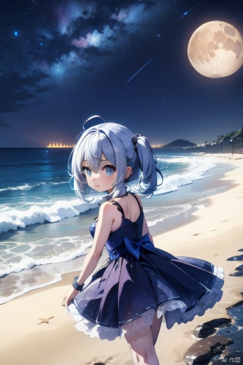 tutututu, 2_girls,Beach, night, starry sky, moon, waves