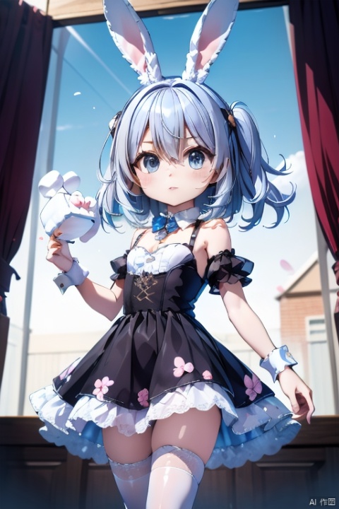  tutututu,
Park, (cherry blossoms:0.8), girl's black dress, rabbit ear hair clip, holding marshmallows