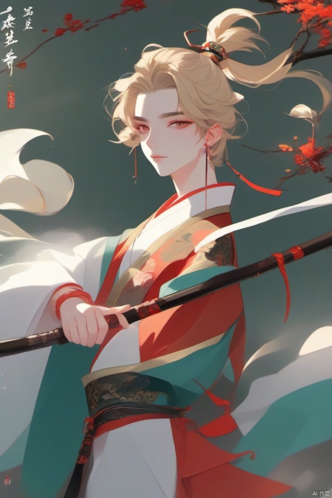 anangc, 1boy, blonde hair, red eyes, ponytail, hanfu, floating clothes, holding, red stick, solo, jewelry, male focus, earrings, chinese clothes, bracelet, long sleeves