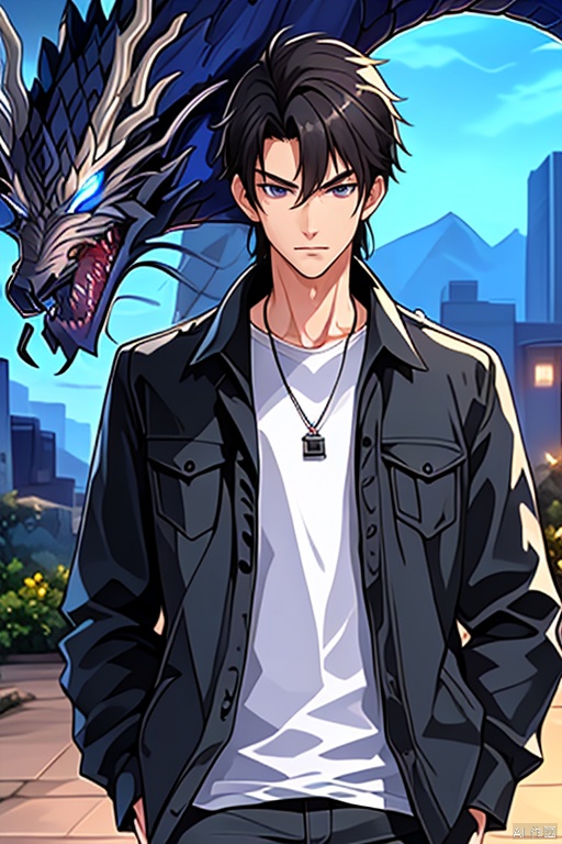 anan, 1boy, male focus, jacket, dragon, black hair, black jacket, shirt, eastern dragon, looking at viewer, jewelry, pants, open jacket, black pants, glowing, open clothes, glowing eyes, necklace, white shirt, dog tags, watch, closed mouth, hand in pocket, solo, short hair, outdoors, blue eyes, cowboy shot