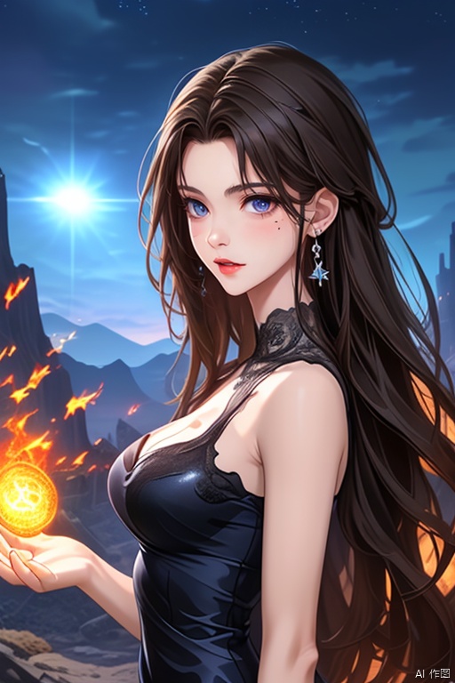 anan, 1girl, long hair, dress, solo, black hair, mole, sleeveless dress, black dress, mole under eye, looking at viewer, sleeveless, magic, jewelry, breasts, earrings, fire, blue eyes, outdoors, sky, from side, nail polish, closed mouth, medium breasts, night, standing, bare arms, energy ball, bare shoulders, red lips