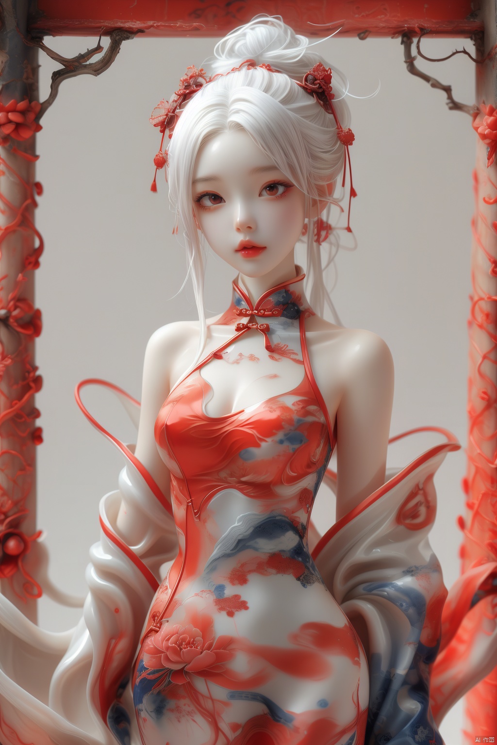 anancq,a girl,red cheongsam,white hair,