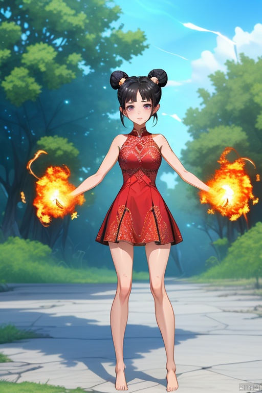 ananzd, 1girl, huge claws, solo, double bun, barefoot, black hair, hair bun, dress, explosion, electricity, bare legs, bare shoulders, outstretched arms, standing, outdoors, looking at viewer, red dress, tree, sparks,(8K ultra high definition quality, movie texture, ultra high definition resolution, real color, CG picture),(real texture, rich details, delicate skin),