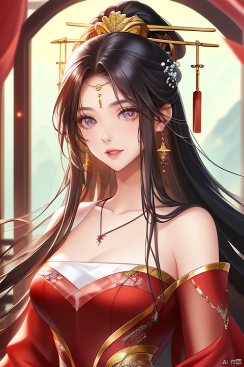 anan, 1girl, long hair, solo, black hair, upper body, jewelry, dress, hair ornament, red dress, earrings, looking at viewer, bare shoulders, chinese clothes, necklace