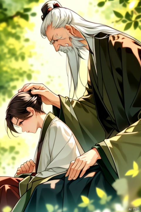 anan, multiple boys, 2boys, old man, male focus, long hair, old, facial hair, beard, chinese clothes, headpat, robe, sitting, wide sleeves, single hair bun, long sleeves, hanfu, hat, hair bun, profile, black hair, outdoors, looking down, day, hand on another's head