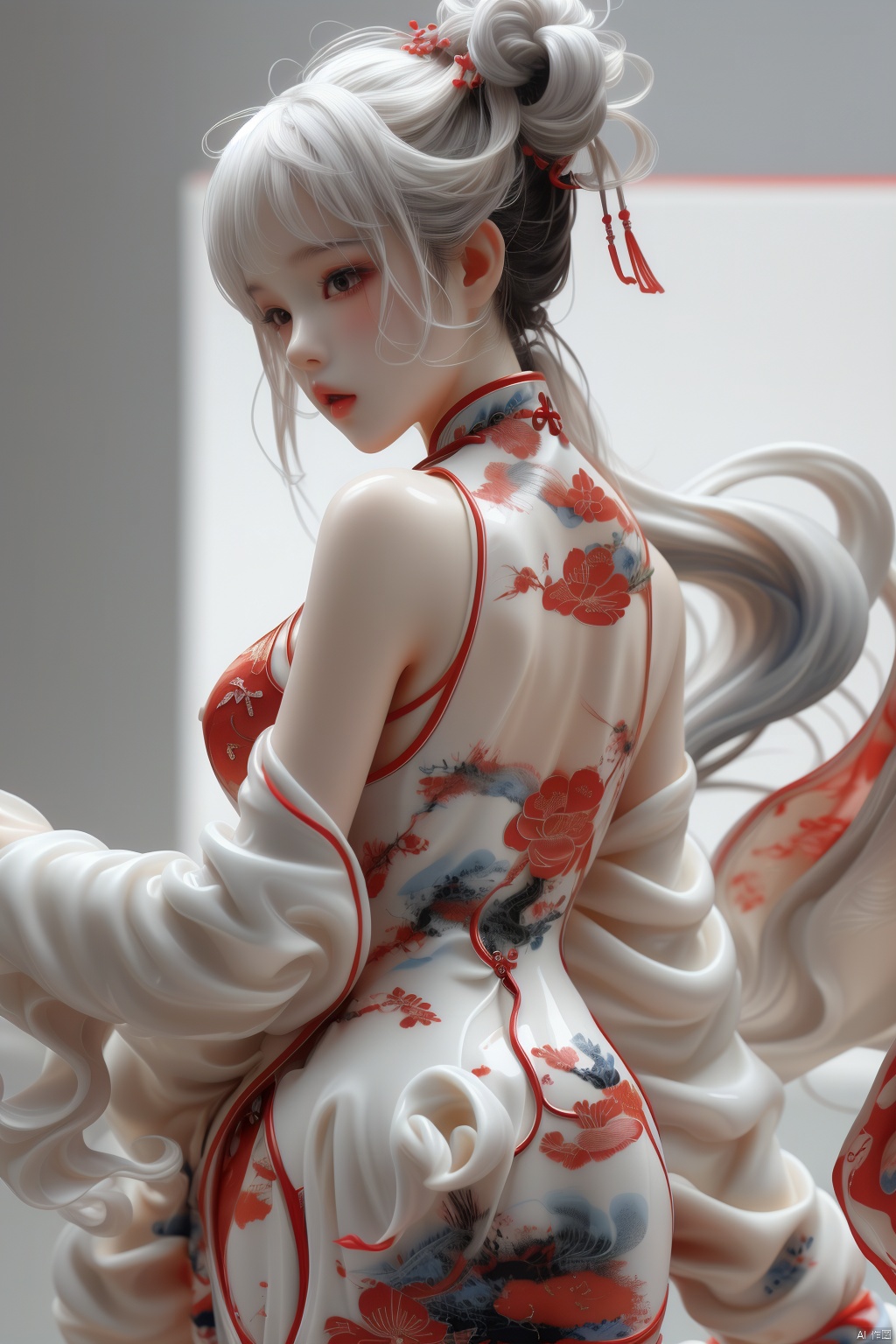 anancq,a girl,red cheongsam,white hair,Sideways, dancing, looking back