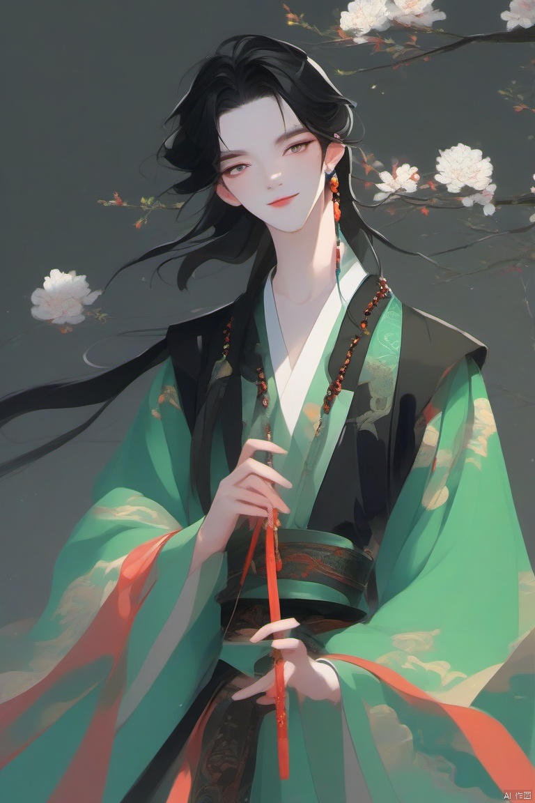 anangc, 1boy, black hair, long hair, solo, flute, holding, jewelry, earrings, chinese clothes, male focus, flower, black background, long sleeves, looking at viewer, hanfu, green eyes, smile, makeup