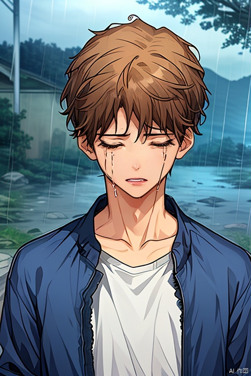 anan, 1boy, male focus, solo, crying, rain, upper body, tears, short hair, shirt, brown hair, jacket, outdoors, sad, parted lips, facing viewer, open clothes, closed eyes, collarbone, open jacket, blue jacket, bangs