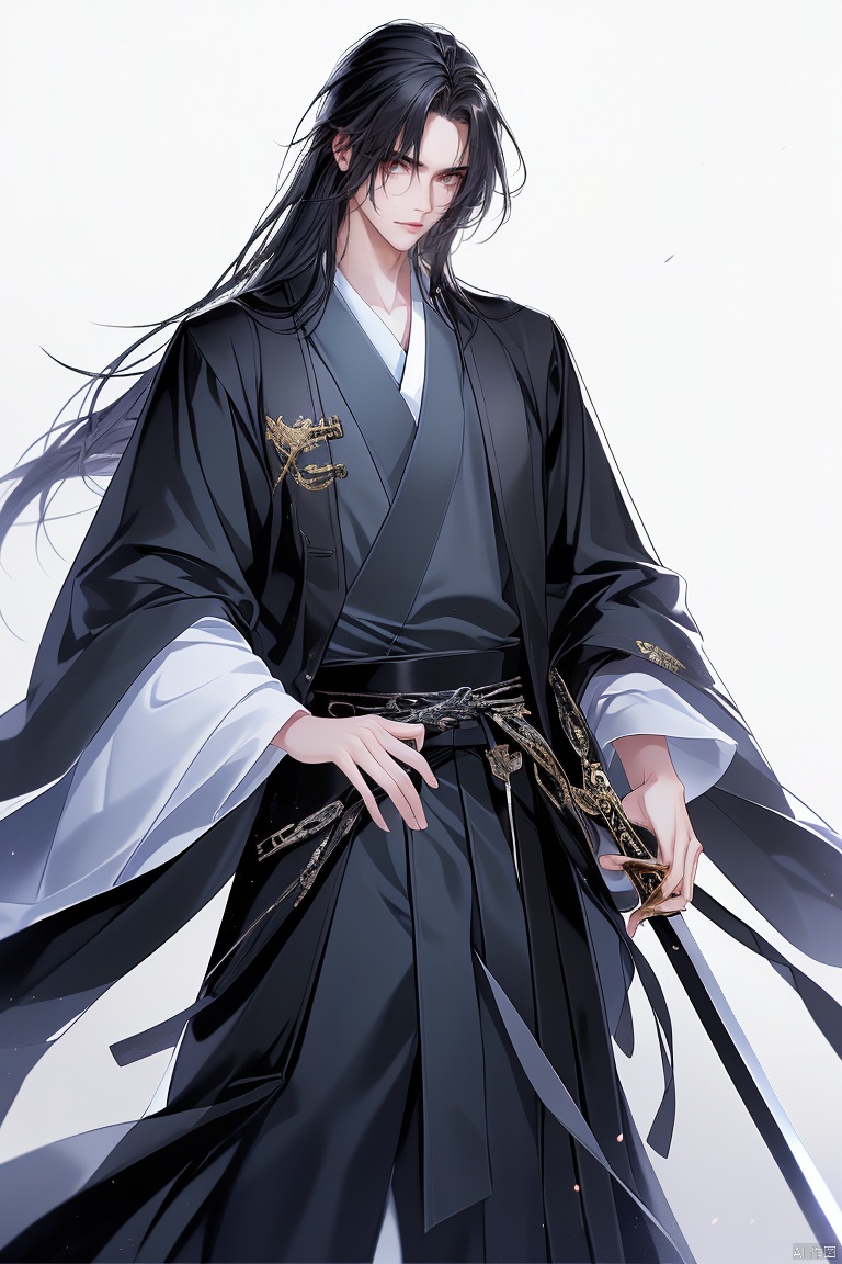anan, 1boy, male focus, solo, long hair, black hair, weapon, holding, holding weapon, white background, long sleeves, sword