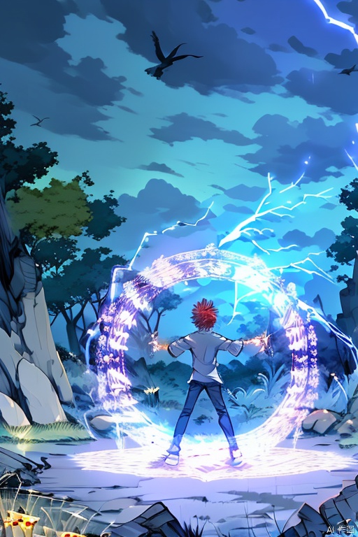 ananzd, 1boy, male focus, magic, magic circle, solo, electricity, pants, outdoors, shirt, sky, from behind, night, tree, holding, red hair, fantasy, standing, outstretched arms, cloud, bird, legs apart, lightning, glowing, nature, weapon, grass, cloudy sky