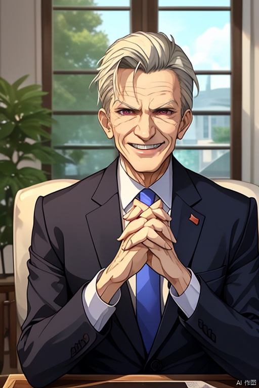 anan, 1boy, bad guy, male focus, solo, necktie, grey hair, sitting, formal, red eyes, smile, plant, suit, chair, own hands together, indoors, looking at viewer, window, blue necktie, smoke, interlocked fingers, long hair, old, cigarette, shirt, grin, evil smile, upper body, evil grin, old man, holding, long sleeves, smirk