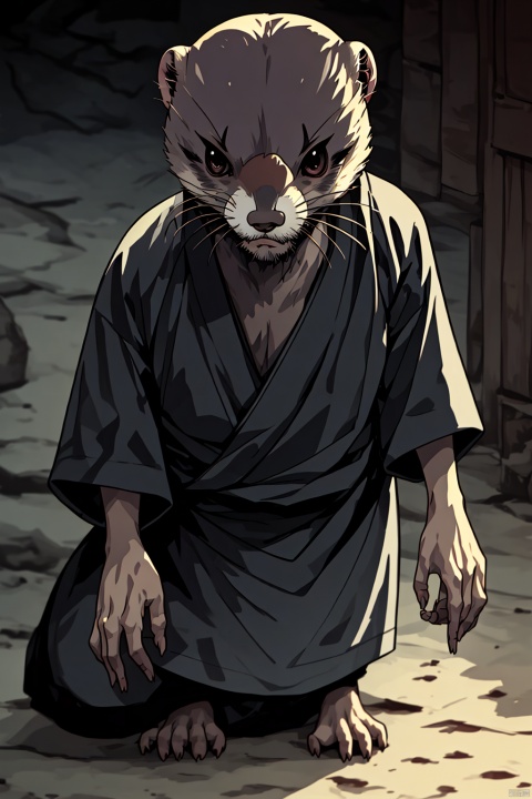 Weasel monster,orc,looking at viewer,beard,solo,short sleeves,kimono,black eyes,no human,standing,