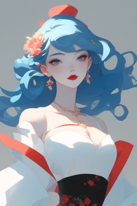 anangc, a girl, blue hair, white dress, red lips, eye shadow