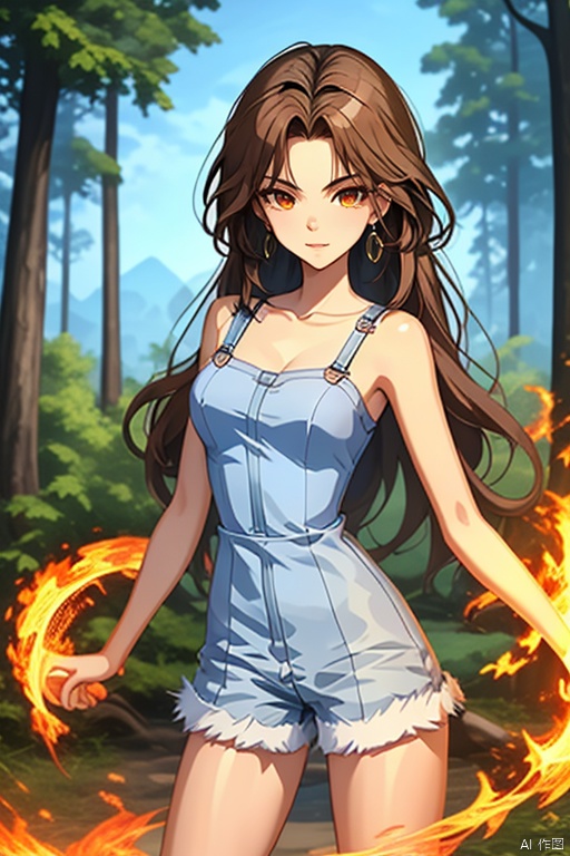 ananzd, 1girl, solo, earrings, fire ring, long hair, jewelry, forest, nature, yellow eyes, brown hair, fire, collarbone, bare shoulders, outdoors, looking at viewer, breasts, cowboy shot, magic, tree, standing, closed mouth, magic circle, v-shaped eyebrows, parted bangs, overalls, small breasts, sleeveless