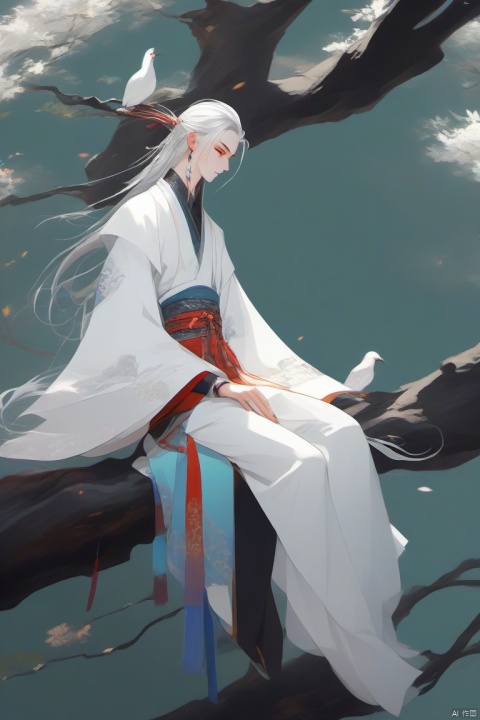 anangc, 1boy, side view, white hair, long hair, sitting, sitting on black tree trunk, whole body, male focus, hanfu, solo, chinese clothes, wide sleeves, jewelry, eyeshadow, makeup, feathers, branch, earrings, very long hair, long sleeves, hair ornament, bird, tassel