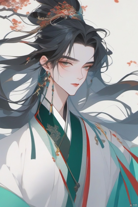 anangc, 1boy, solo, hair ornament, multicolored hair, long hair, forehead mark, hanfu, jewelry, male focus, chinese clothes, earrings, upper body