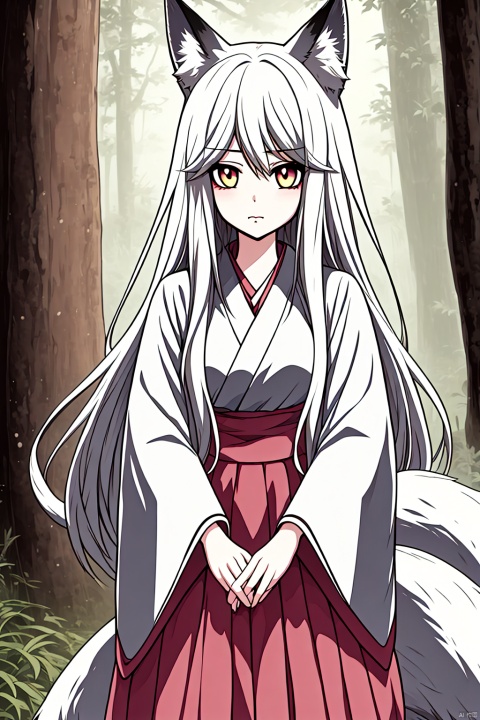 fox girl, solo, long hair, animal ears, white kimono, skirt, looking at viewer, forest, tail, folded hands, fox ears,
