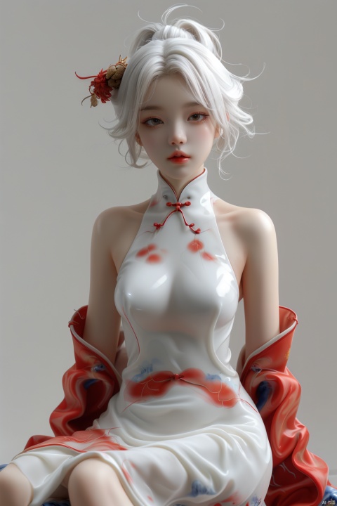 anancq,a girl,red cheongsam,white hair,