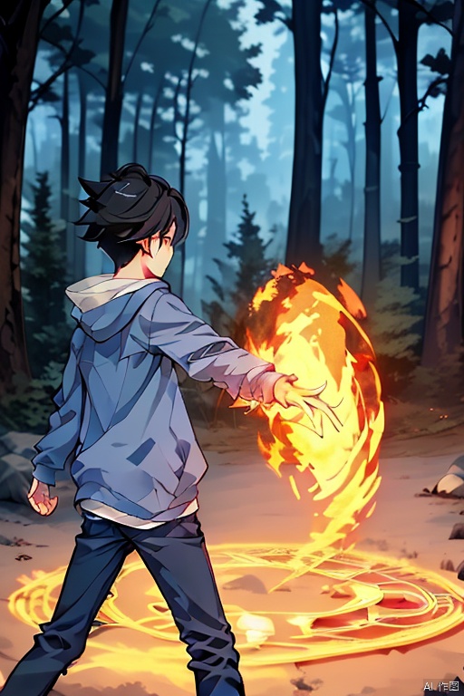 ananzd, 1boy, magic circle, male focus, pants, hood, black hair, solo, forest, fire magic, hood down, hoodie, outdoors, nature, standing, tree, long sleeves, night, profile, blue hoodie, black pants, rock, blue pants, closed mouth, short hair