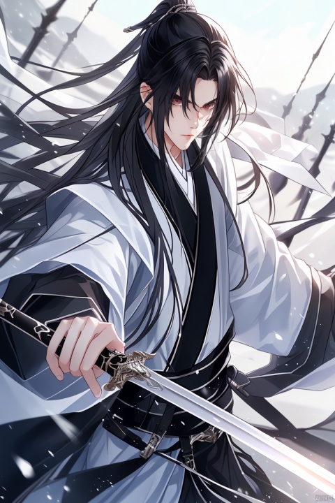 anan, weapon, long hair, sword, male focus, black hair, 1boy, chinese clothes, holding, solo, holding weapon, long sleeves, holding sword, hanfu, closed mouth, blurry, parted bangs