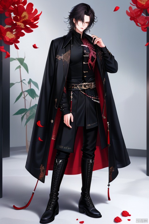 anan, 1boy, solo, male focus, black pants, black hair, black footwear, coat, pants, full body, black coat, standing, flower, red flower, boots, petals, long sleeves, bangs, hand up, shirt, coat on shoulders, looking at viewer, arm at side, closed mouth, tassel, black shirt, knee boots, long hair, parted bangs