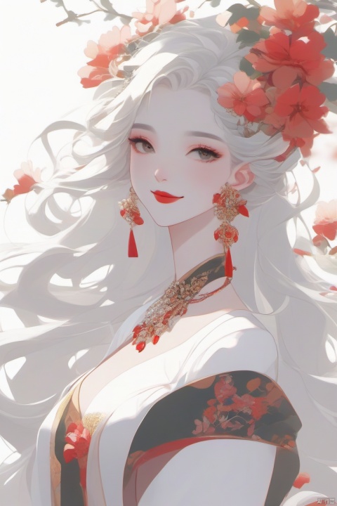 anangc, 1girl, white hair, red lips, smile, dress, solo, flower, upper body, hair flower, jewelry, earrings, long hair, hair ornament, looking at viewer, bare shoulders