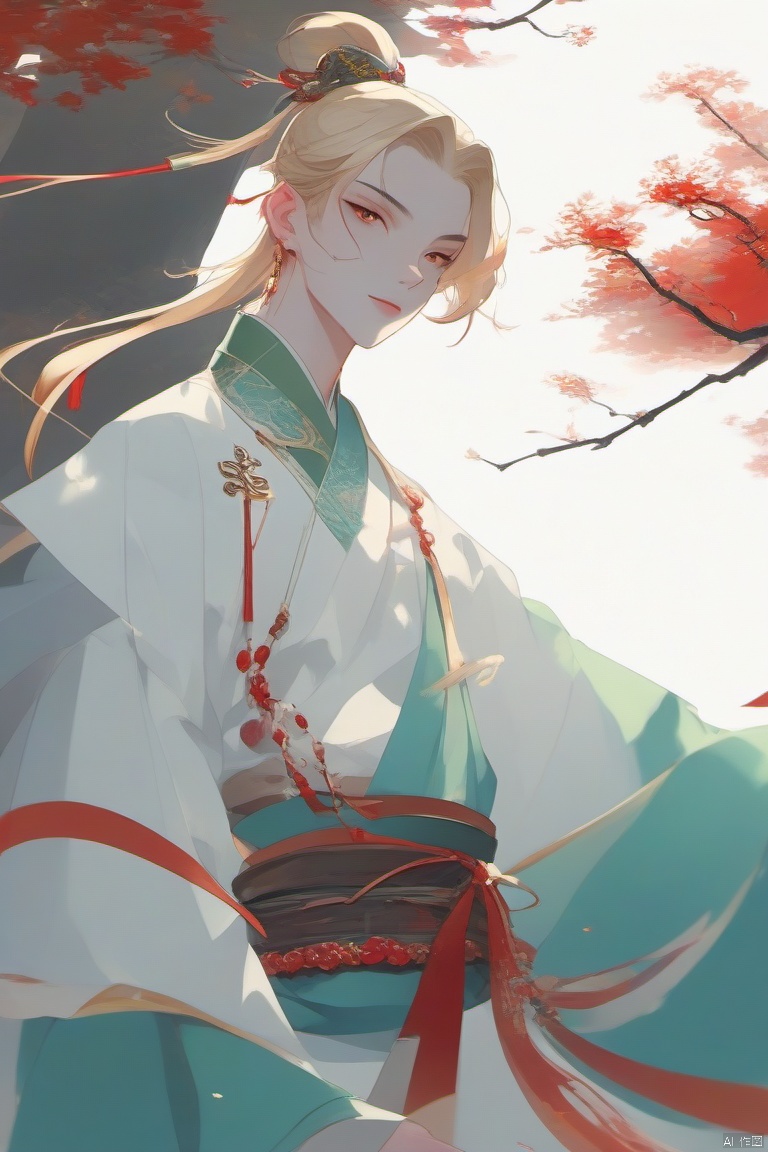 anangc, 1boy, blonde hair, red eyes, ponytail, hanfu, floating clothes, holding, red stick, solo, jewelry, male focus, earrings, chinese clothes, bracelet, long sleeves