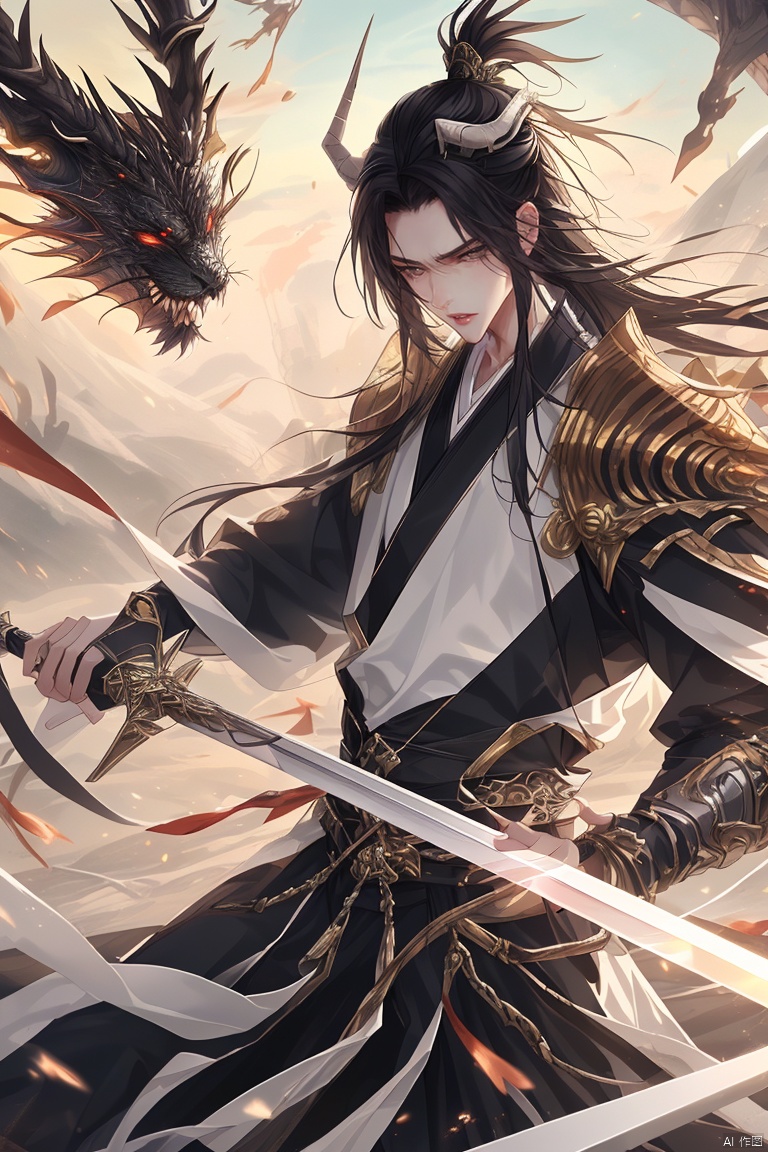 anan, weapon, 1boy, long hair, dragon, male focus, black hair, sword, chinese clothes, holding weapon, holding sword, holding, eastern dragon, solo, armor, hanfu, horns