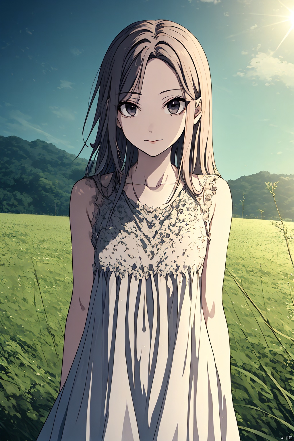 A cute girl in a dress, sunshine, fields