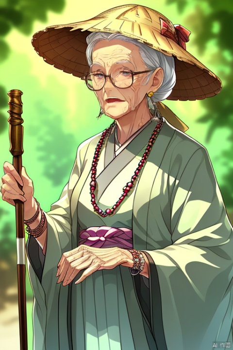 anan, 1girl, solo, hat, glasses, jewelry, old woman, old, necklace, japanese clothes, holding, grey hair, looking at viewer, closed mouth, bracelet, staff
