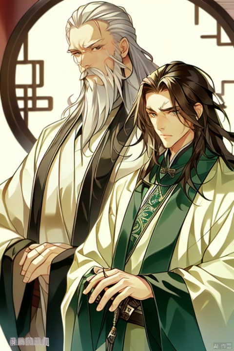anan, long hair, 2boys, facial hair, multiple boys, beard, male focus, chinese clothes, old man, old, black hair, white hair, wide sleeves, long sleeves, mustache, sword, looking at viewer, jewelry