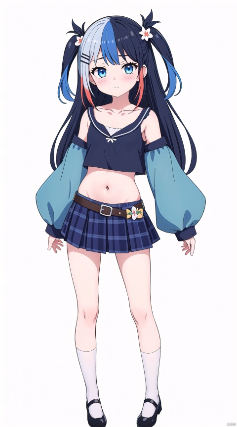  1girl, virtual youtuber, skirt, blue eyes, solo, plaid, plaid skirt, navel, blue hair, long hair, white background, shoes, socks, full body, hair ornament, midriff, crop top, looking at viewer, simple background, standing, white footwear, hairclip, black socks, sleeves past wrists, long sleeves, bangs, belt, blush, pleated skirt, closed mouth, multicolored hair, two side up, collarbone, see-through, shirt, white pantyhose, office lady
