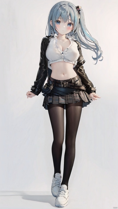  1girl, virtual youtuber, skirt, blue eyes, solo, plaid, plaid skirt, navel, blue hair, long hair, white background, shoes, socks, full body, hair ornament, open clothes, midriff, white jacket, crop top, looking at viewer, simple background, standing, white footwear, hairclip, black socks, sleeves past wrists, long sleeves, bangs, belt, blush, pleated skirt, closed mouth, open jacket, multicolored hair, two side up, collarbone, see-through, shirt, white pantyhose, office lady