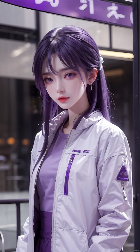 upper_body,purple hair,purple eyes,white jacket, yunxi,1girl