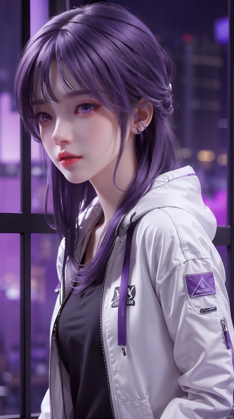  upper_body,purple hair,purple eyes,white jacket, TMS-yx, 1girl,Ultra realistic 8k CG